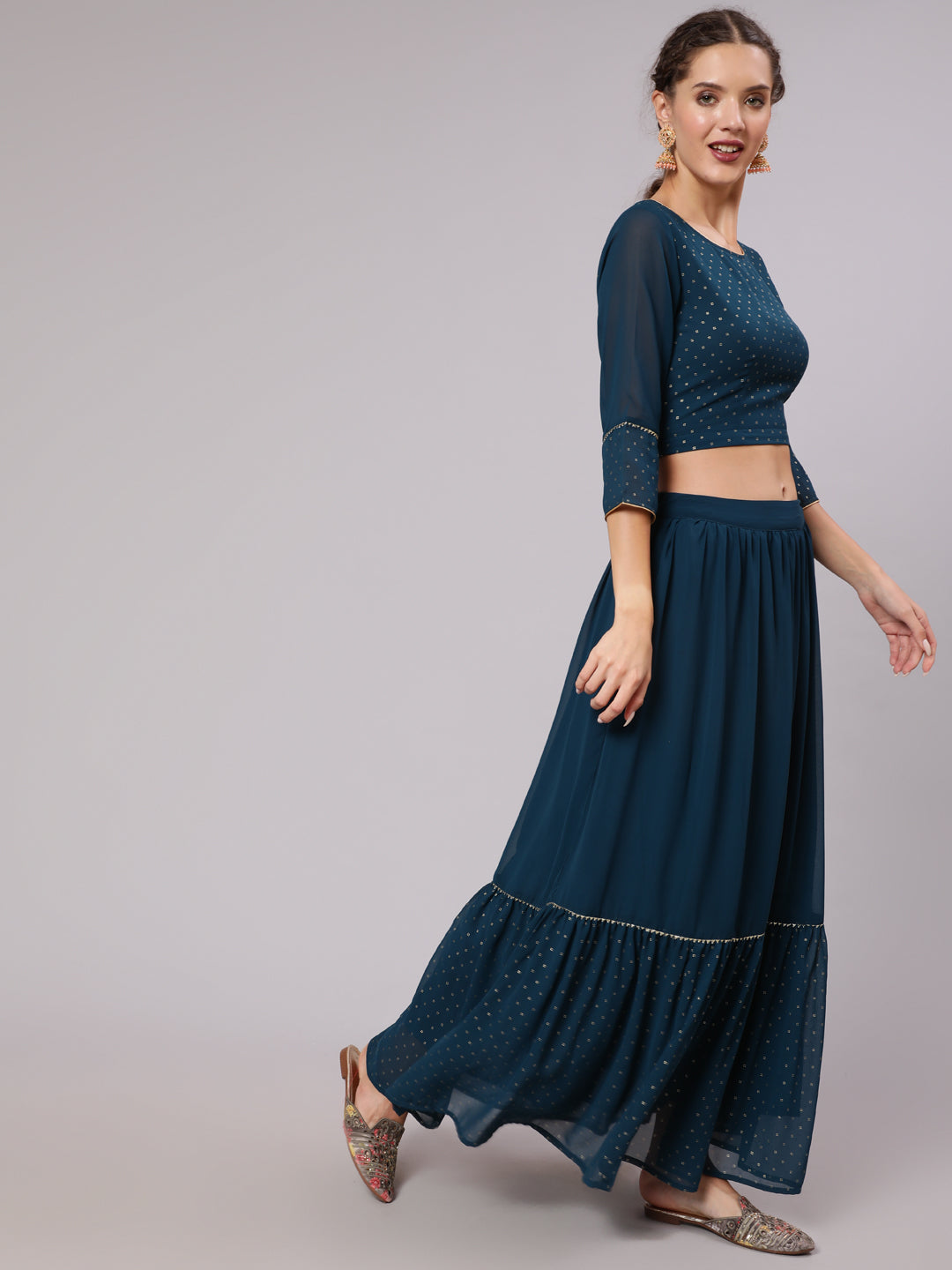 Blue Georgette Gold Print Embellished Lehnga Has Crop Top, Skirt And Dupatta