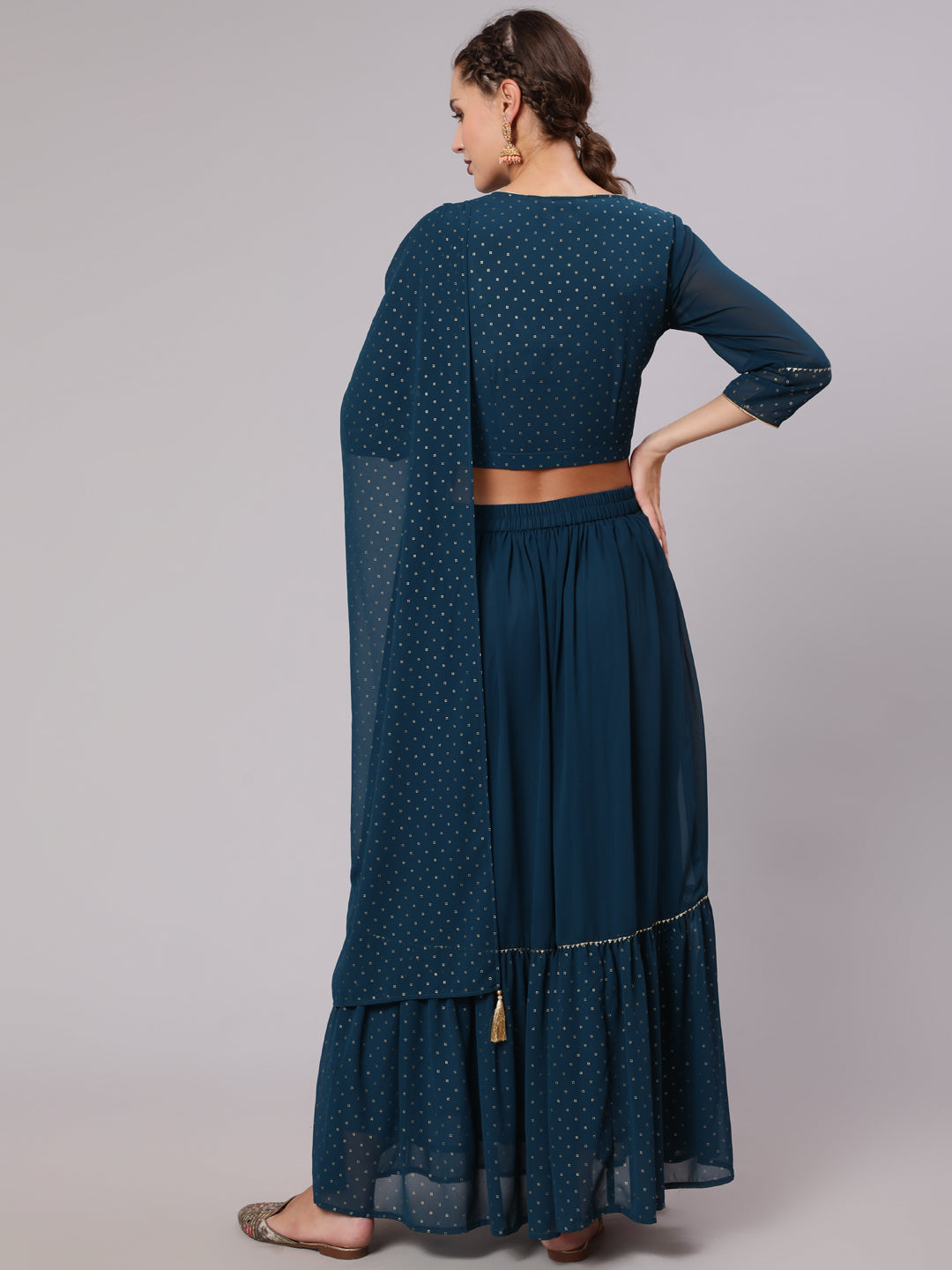 Blue Georgette Gold Print Embellished Lehnga Has Crop Top, Skirt And Dupatta