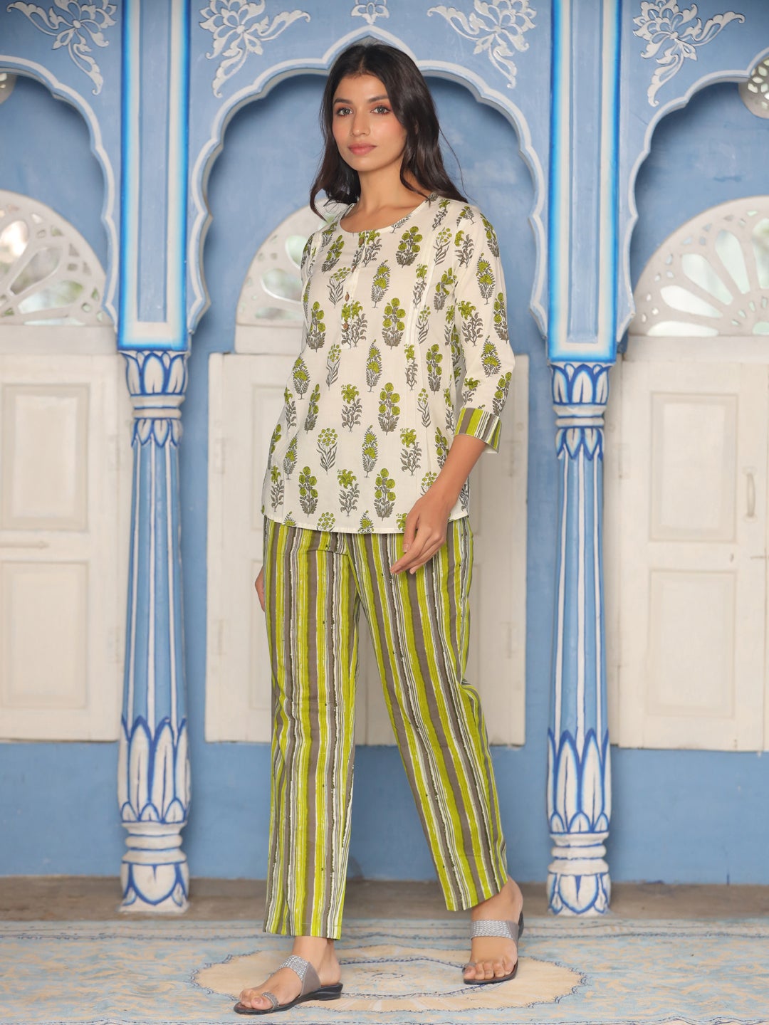 White and Green Floral Printed Loungewear