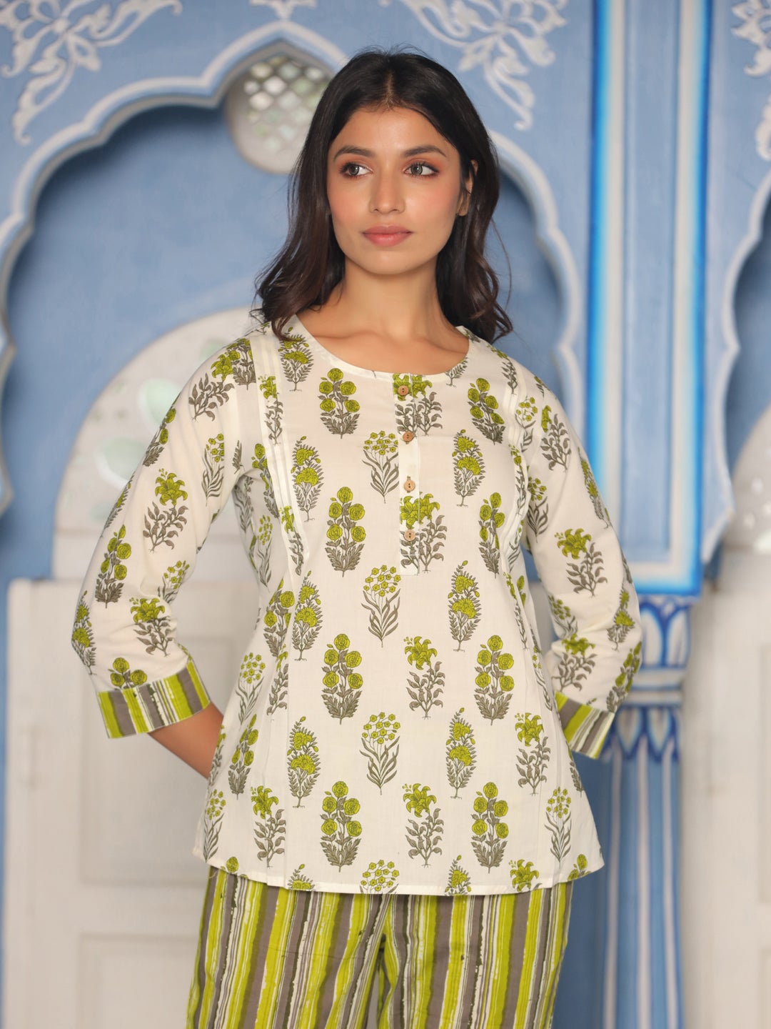 White and Green Floral Printed Loungewear