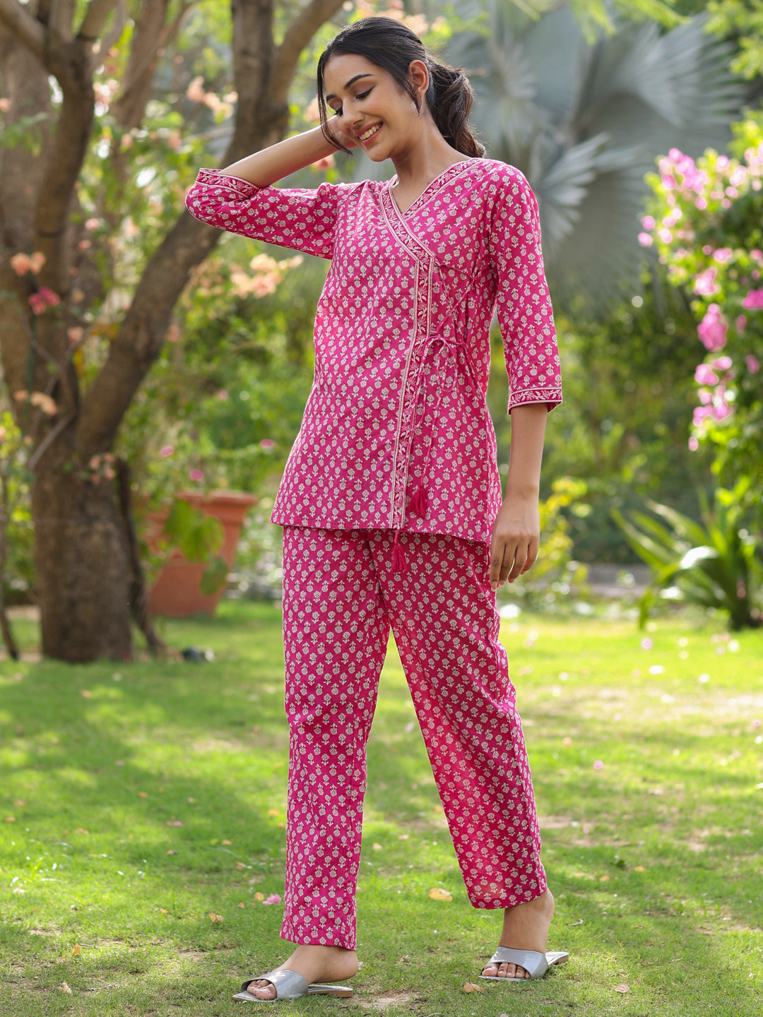 Pink & White Angrakha Printed Cotton Short Kurta With Pants