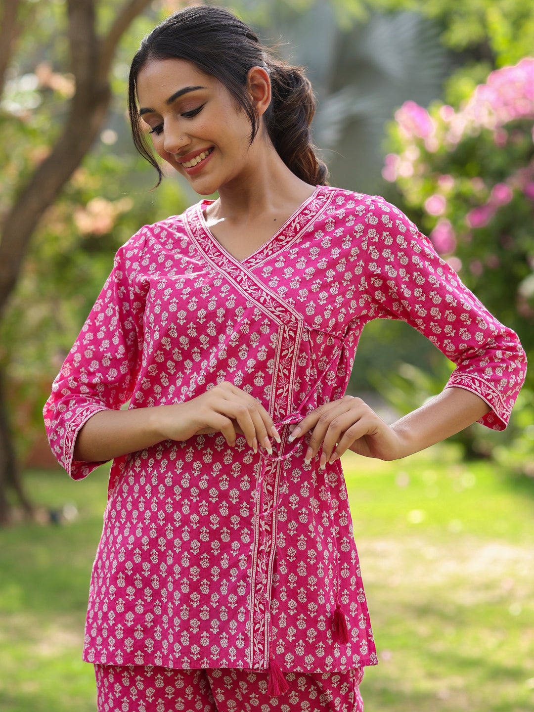 Pink & White Angrakha Printed Cotton Short Kurta With Pants