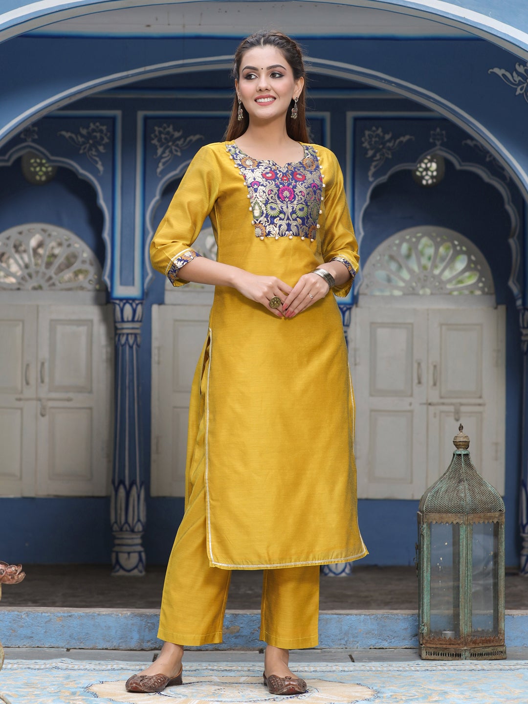 Solid Brocade Yoke Straight Kurta With Pants