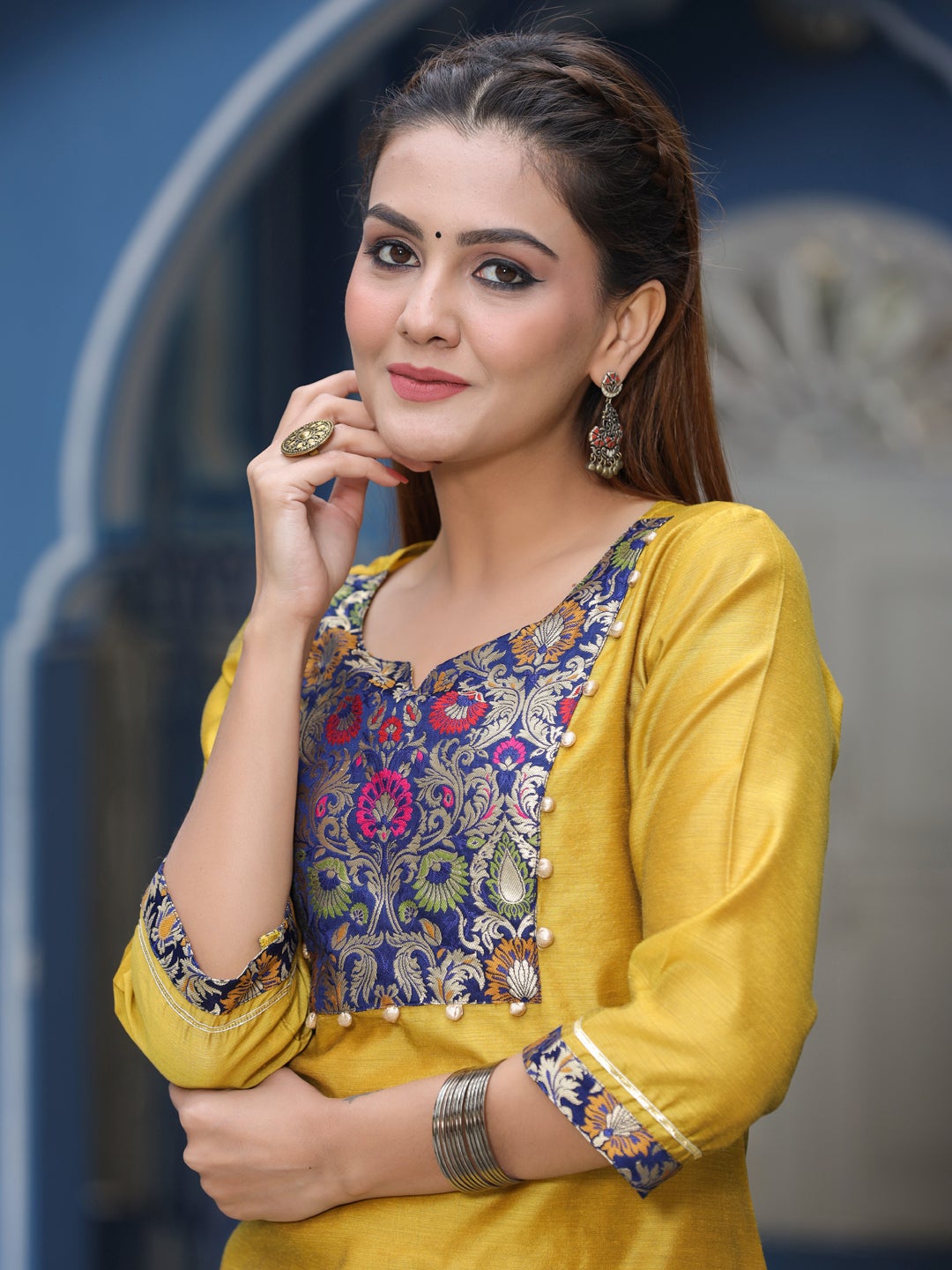 Solid Brocade Yoke Straight Kurta With Pants