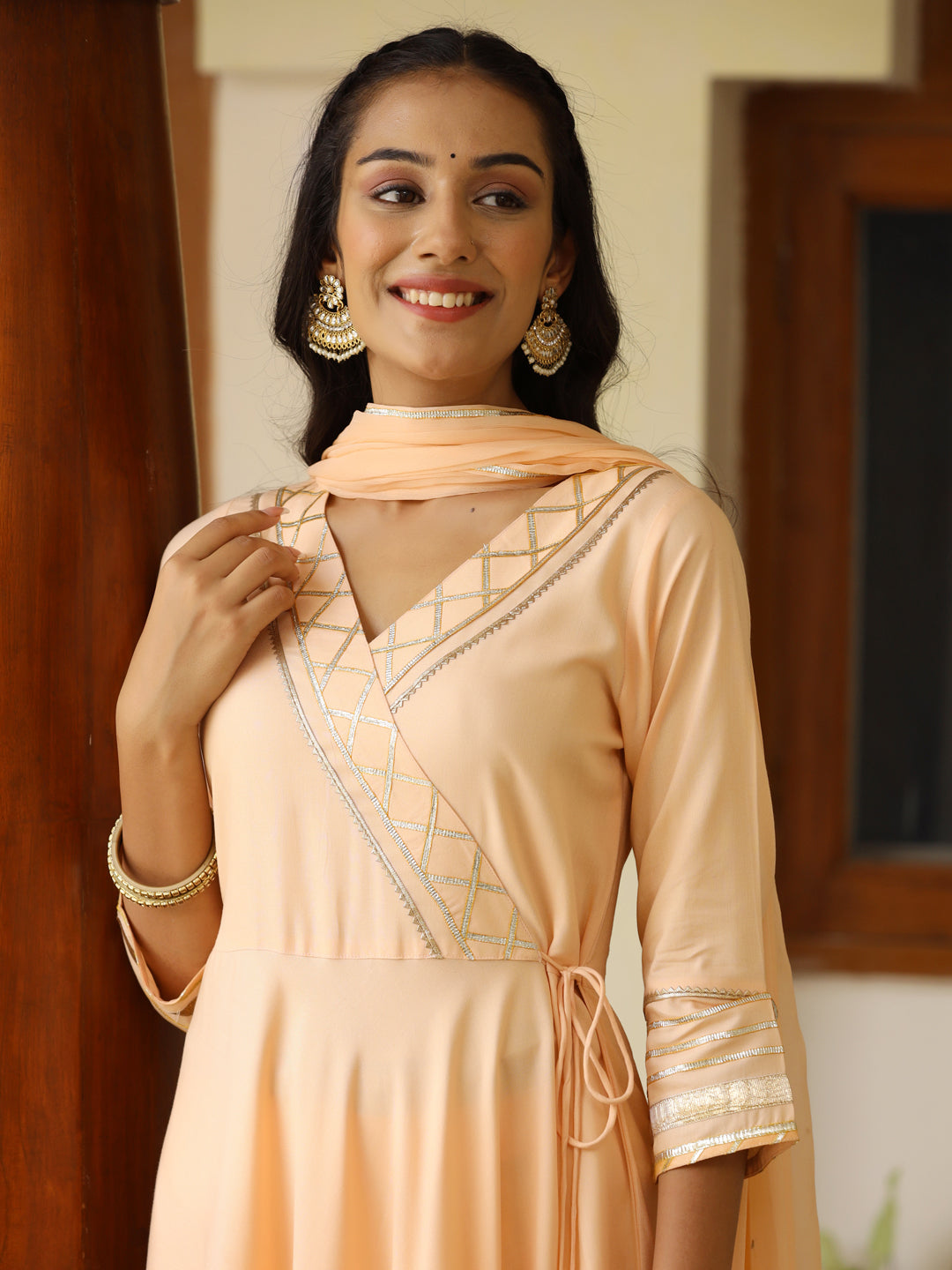 Rayon Solid Peach Gota Embellished Anrakali Kurta Set With Dupatta
