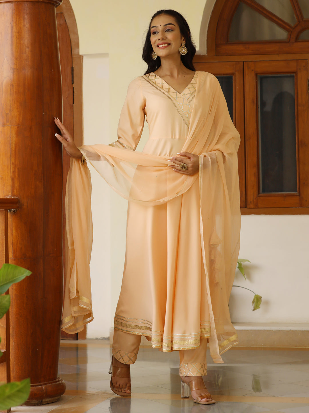 Rayon Solid Peach Gota Embellished Anrakali Kurta Set With Dupatta