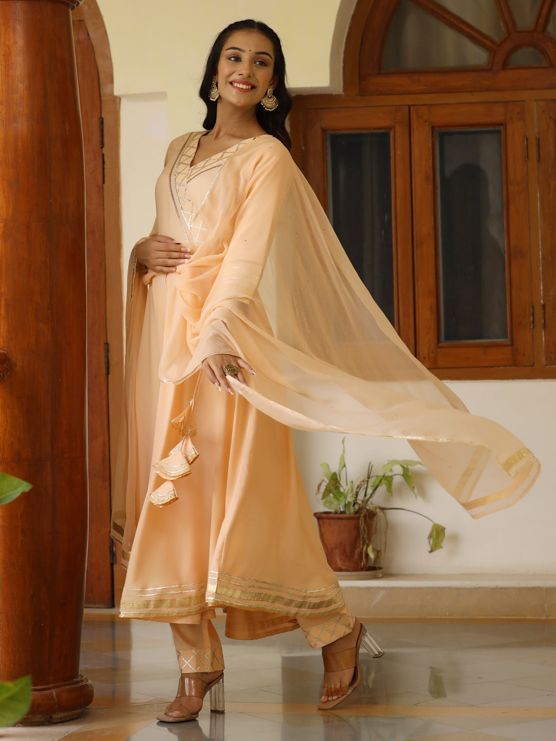 Rayon Solid Peach Gota Embellished Anrakali Kurta Set With Dupatta