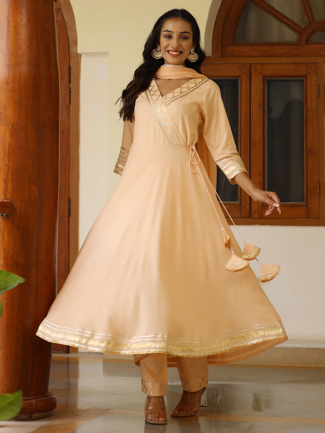 Rayon Solid Peach Gota Embellished Anrakali Kurta Set With Dupatta
