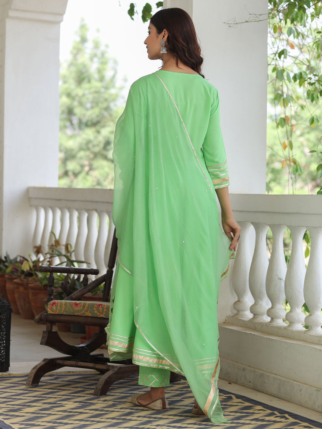 Rayon Solid Green Gota Embellished Anrakali Kurta Set With Dupatta