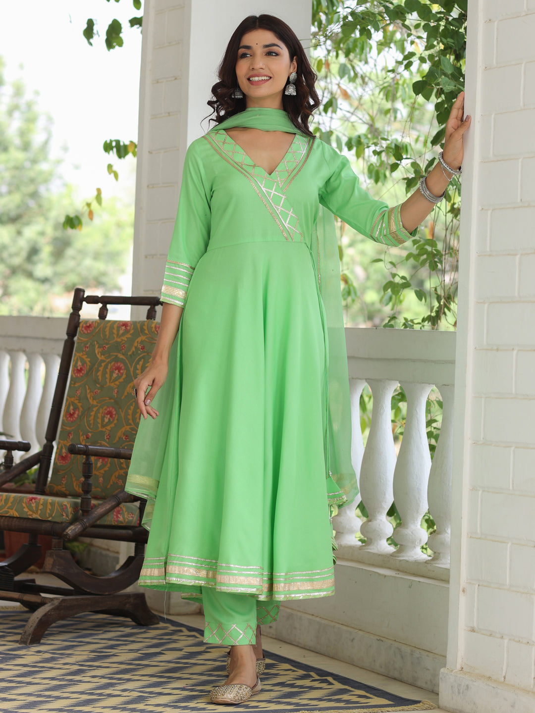 Rayon Solid Green Gota Embellished Anrakali Kurta Set With Dupatta
