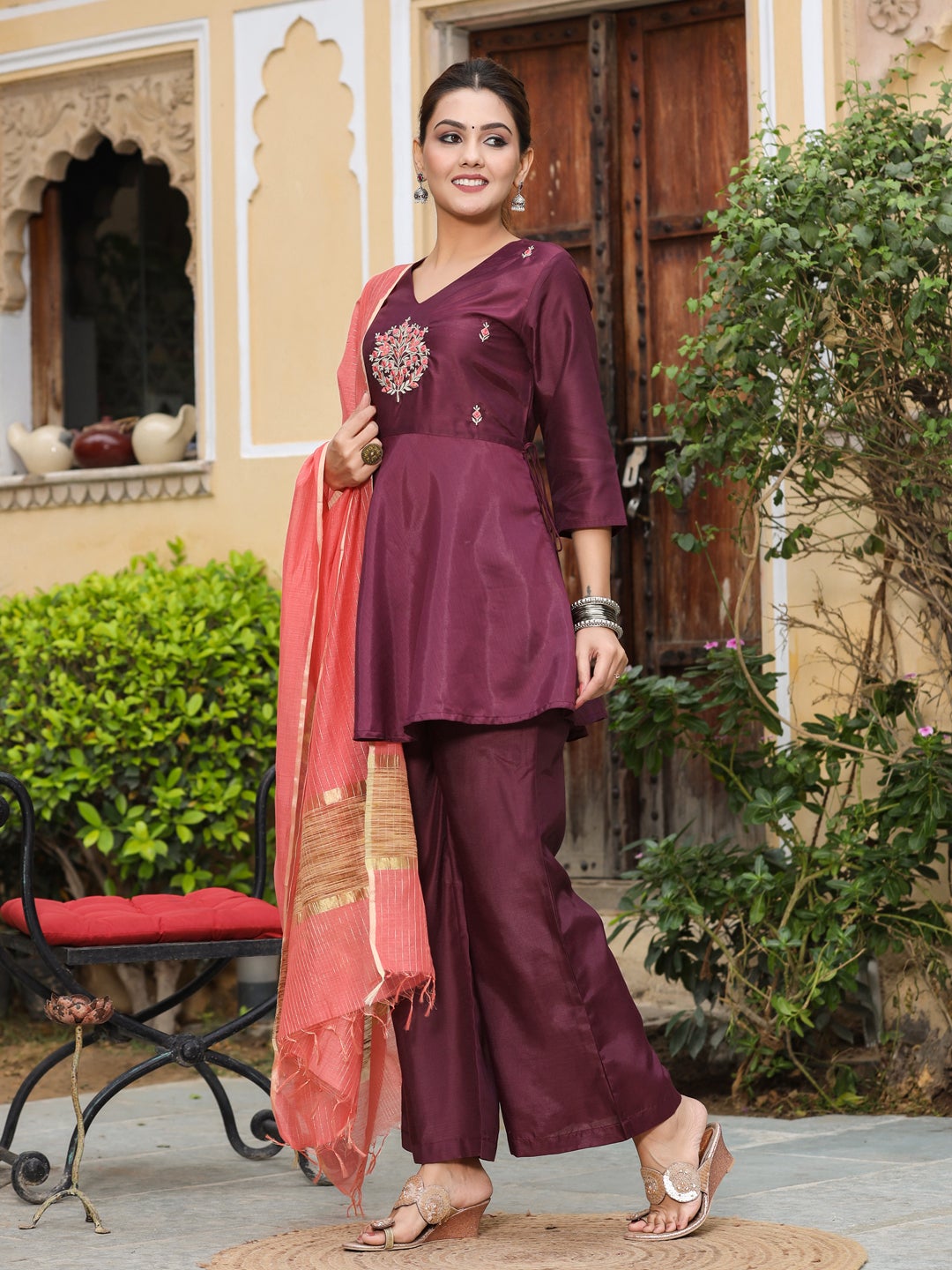 Embroidery Details Peplum Kurti With Palazzos & Dupatta