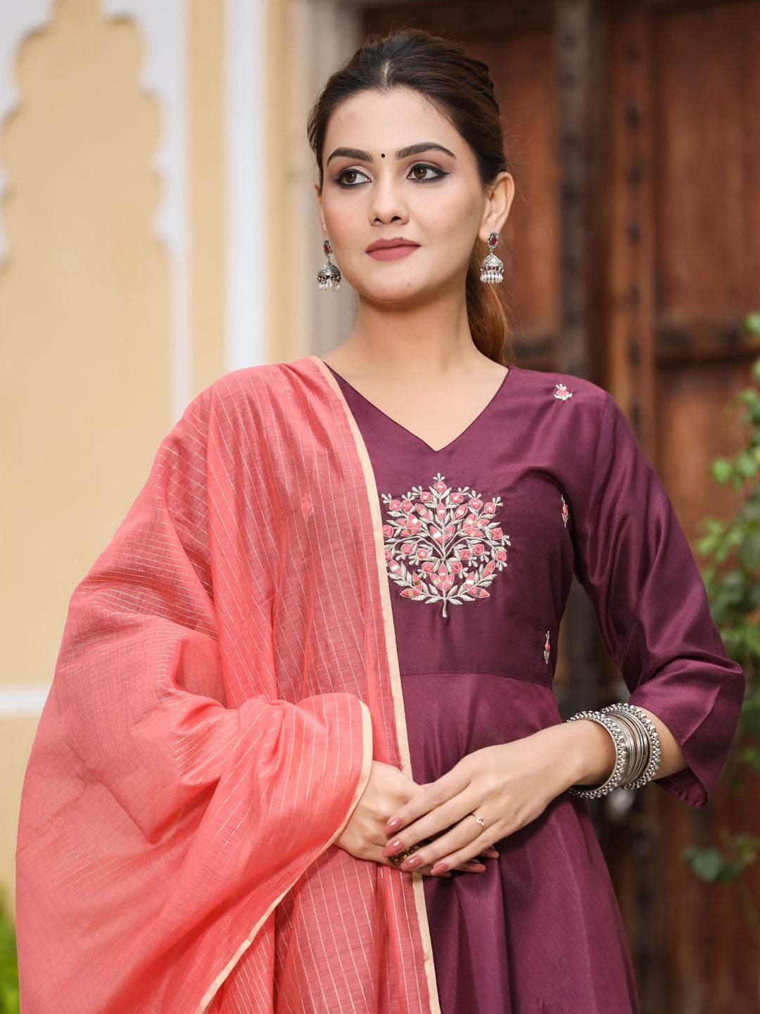 Embroidery Details Peplum Kurti With Palazzos & Dupatta