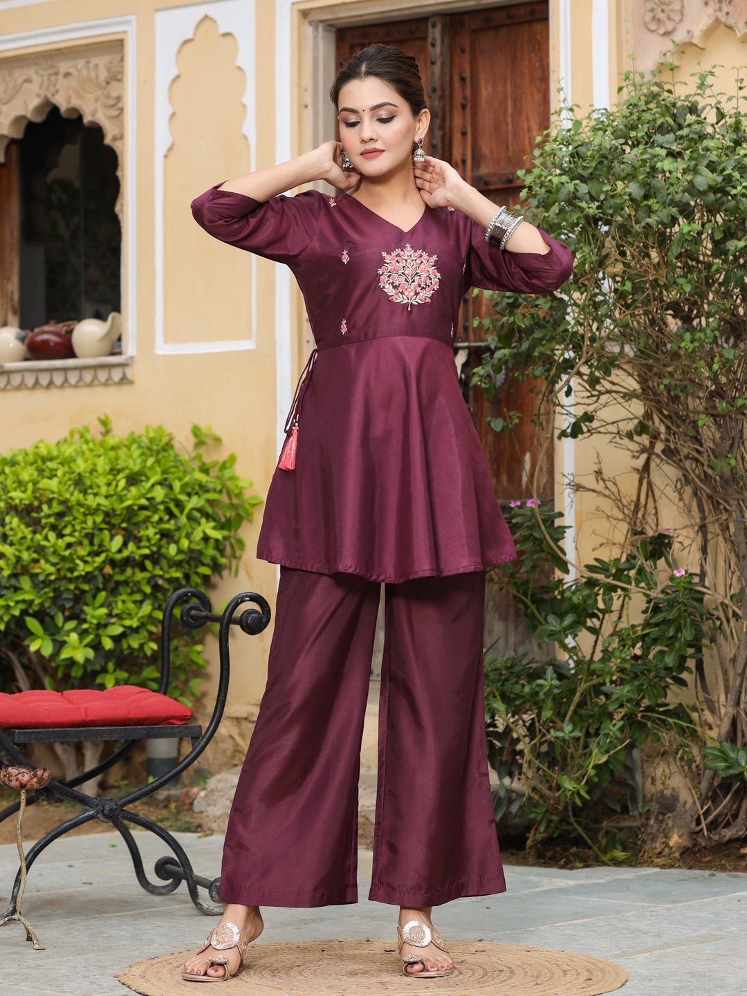 Embroidery Details Peplum Kurti With Palazzos & Dupatta