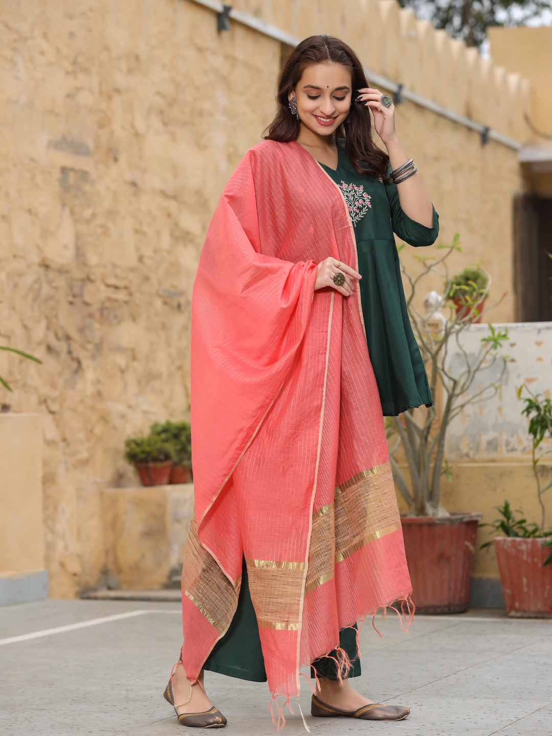 Embroidery Details Peplum Kurti With Palazzos & Dupatta