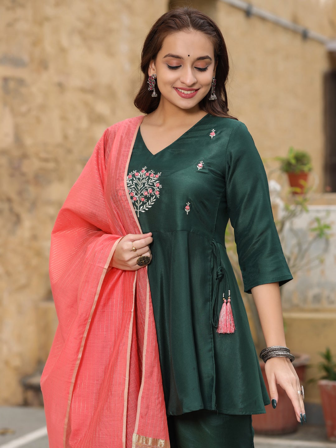 Embroidery Details Peplum Kurti With Palazzos & Dupatta