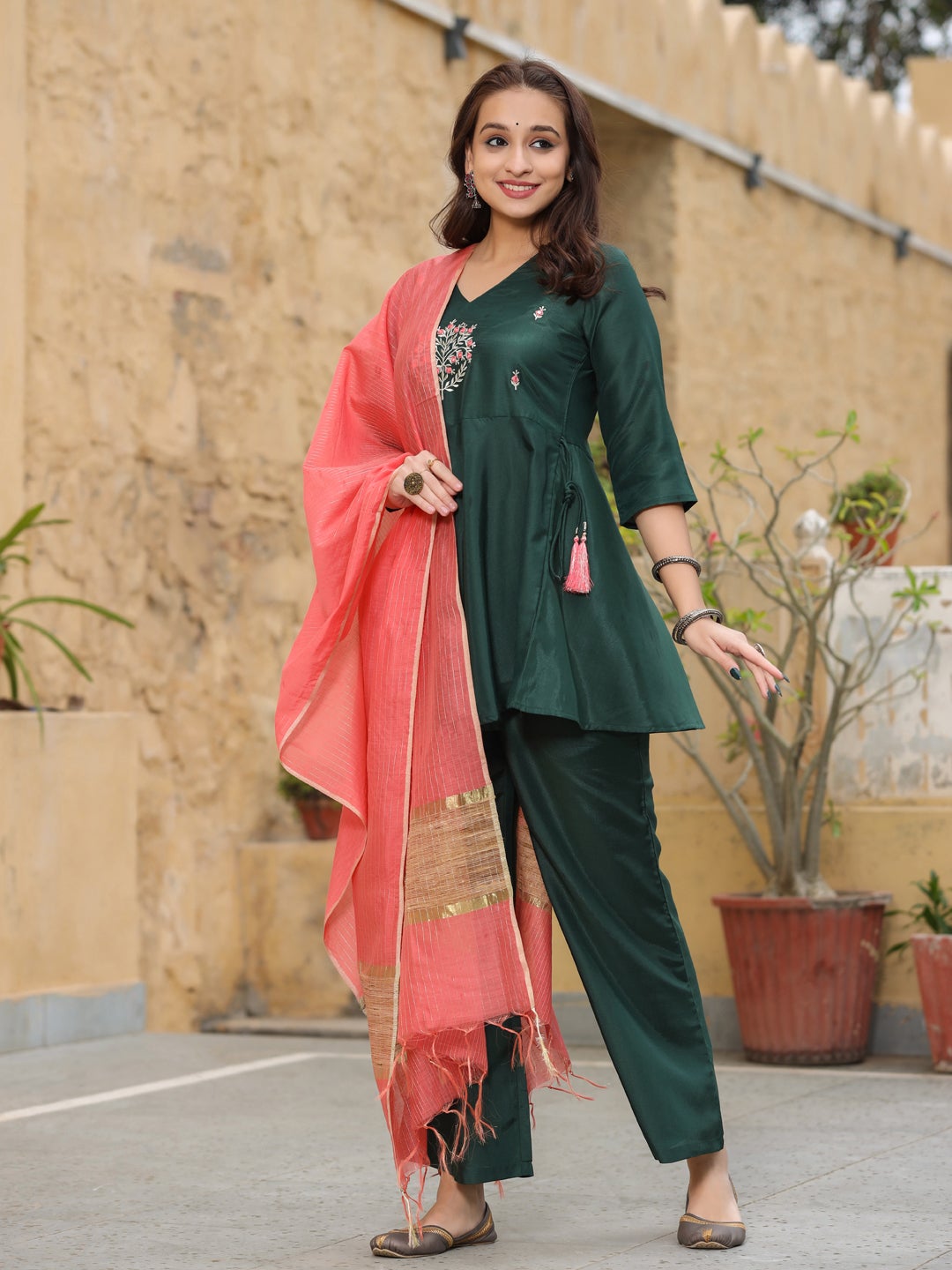 Embroidery Details Peplum Kurti With Palazzos & Dupatta