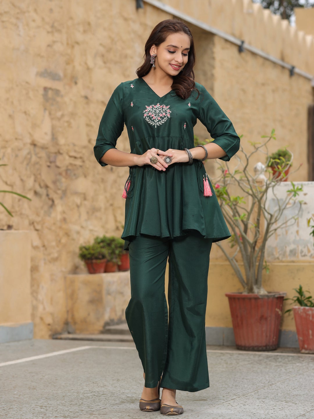 Embroidery Details Peplum Kurti With Palazzos & Dupatta