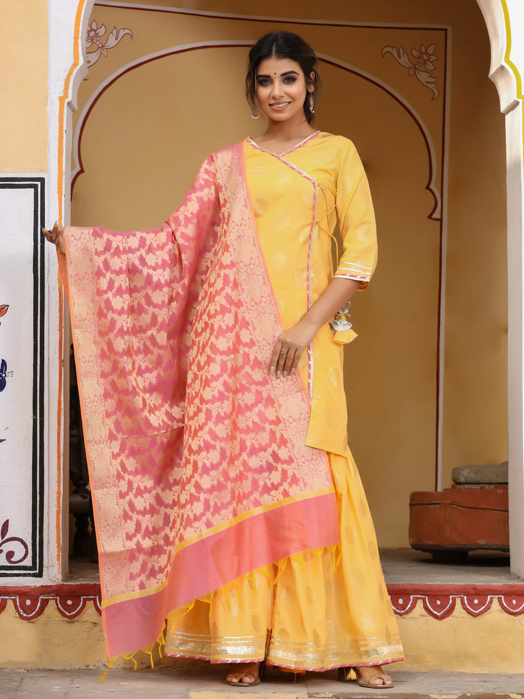 Yellow Gold Print Angrakha Kurta With Sharara And Dupatta