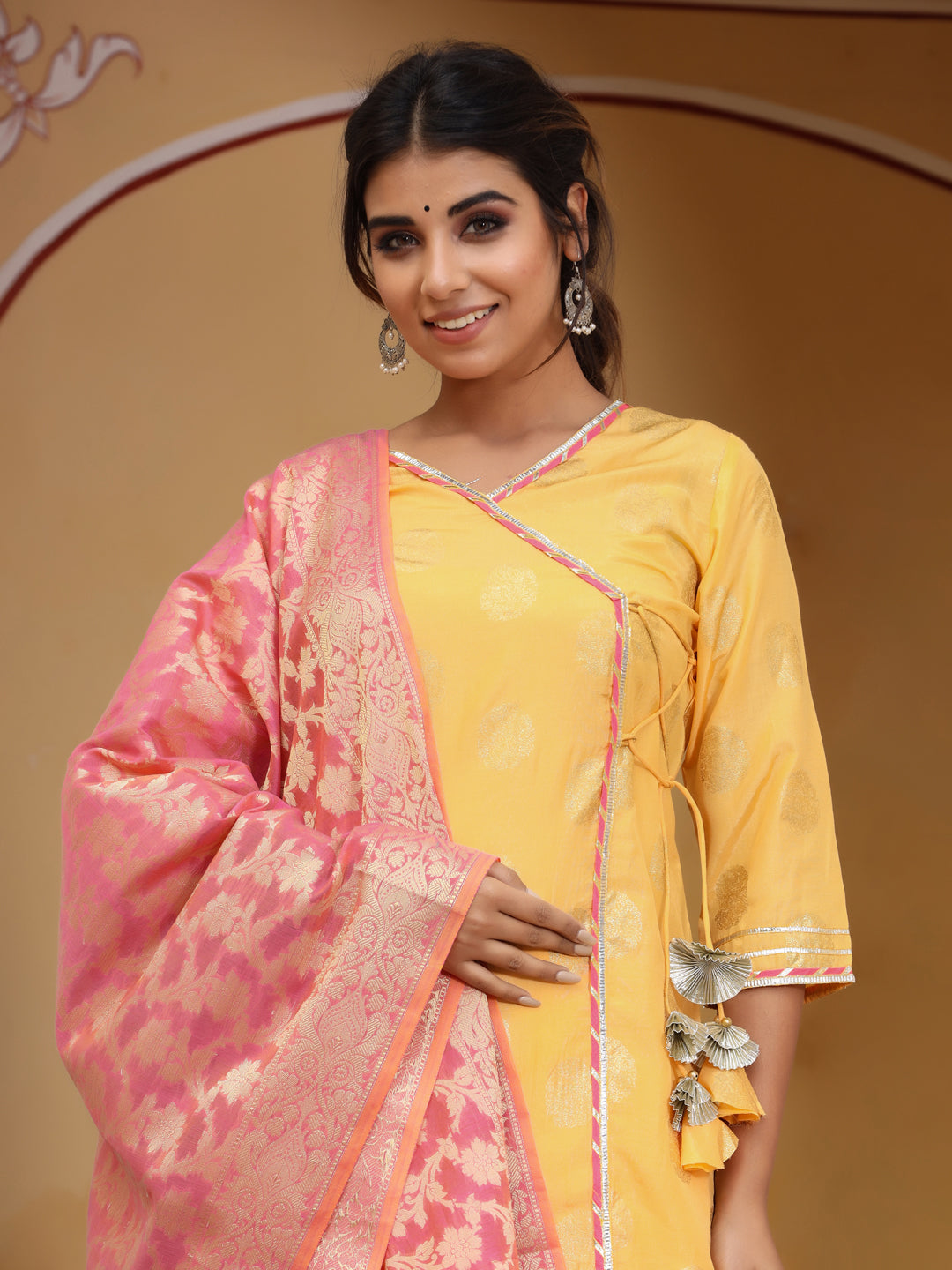 Yellow Gold Print Angrakha Kurta With Sharara And Dupatta