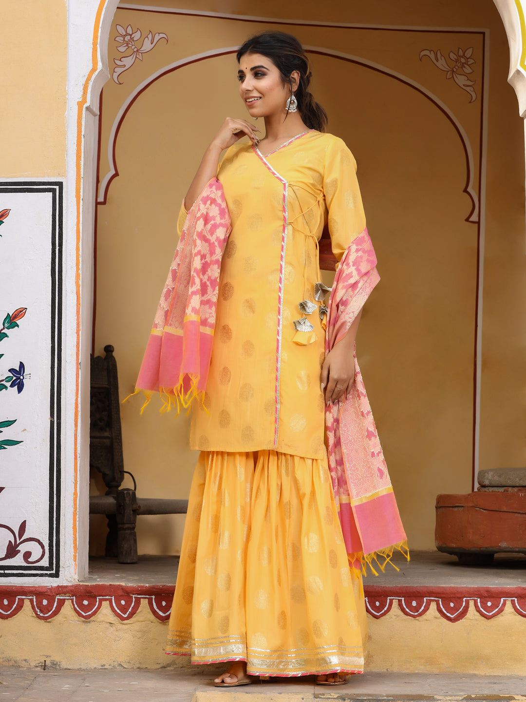 Yellow Gold Print Angrakha Kurta With Sharara And Dupatta