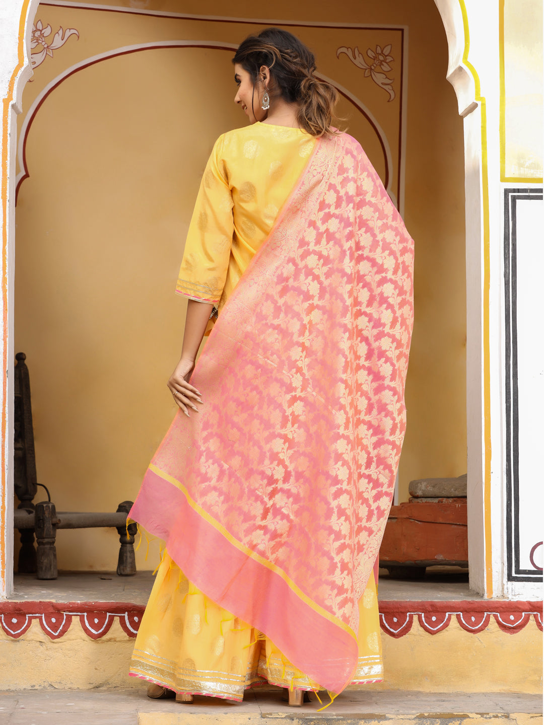 Yellow Gold Print Angrakha Kurta With Sharara And Dupatta