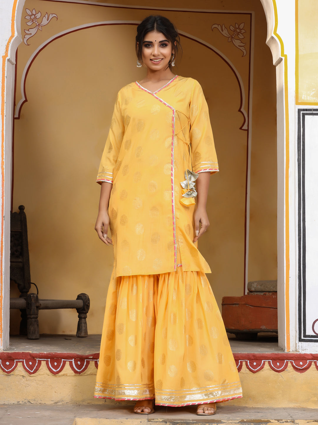 Yellow Gold Print Angrakha Kurta With Sharara And Dupatta