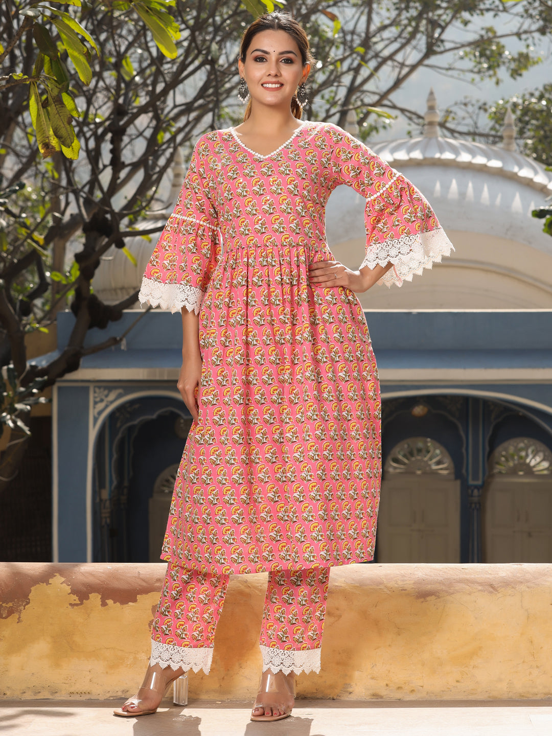 Pink Cotton Printed Kurta With Palazzo