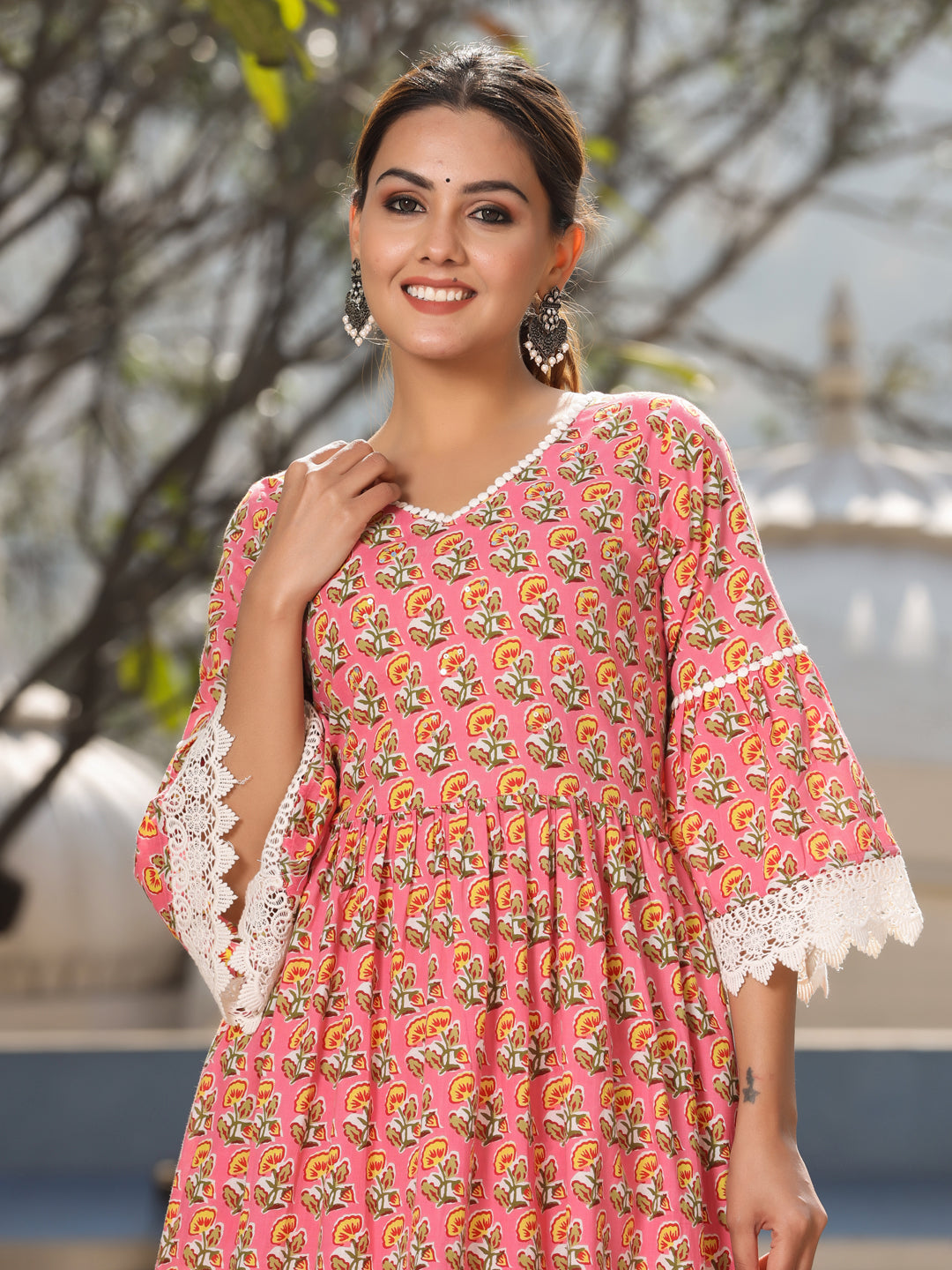 Pink Cotton Printed Kurta With Palazzo