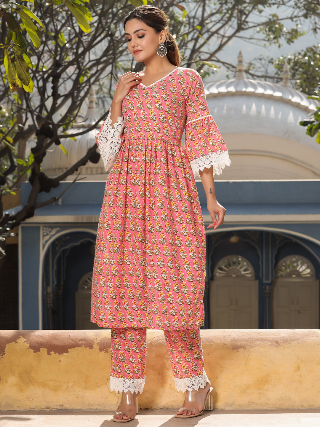 Pink Cotton Printed Kurta With Palazzo