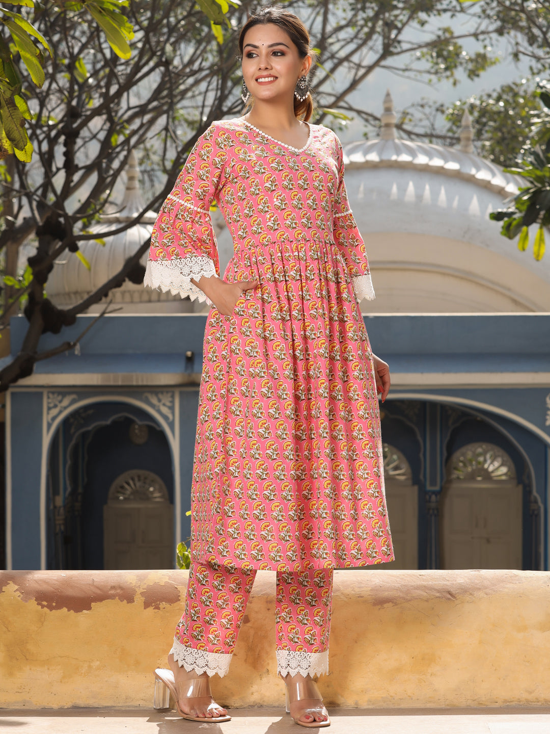 Pink Cotton Printed Kurta With Palazzo