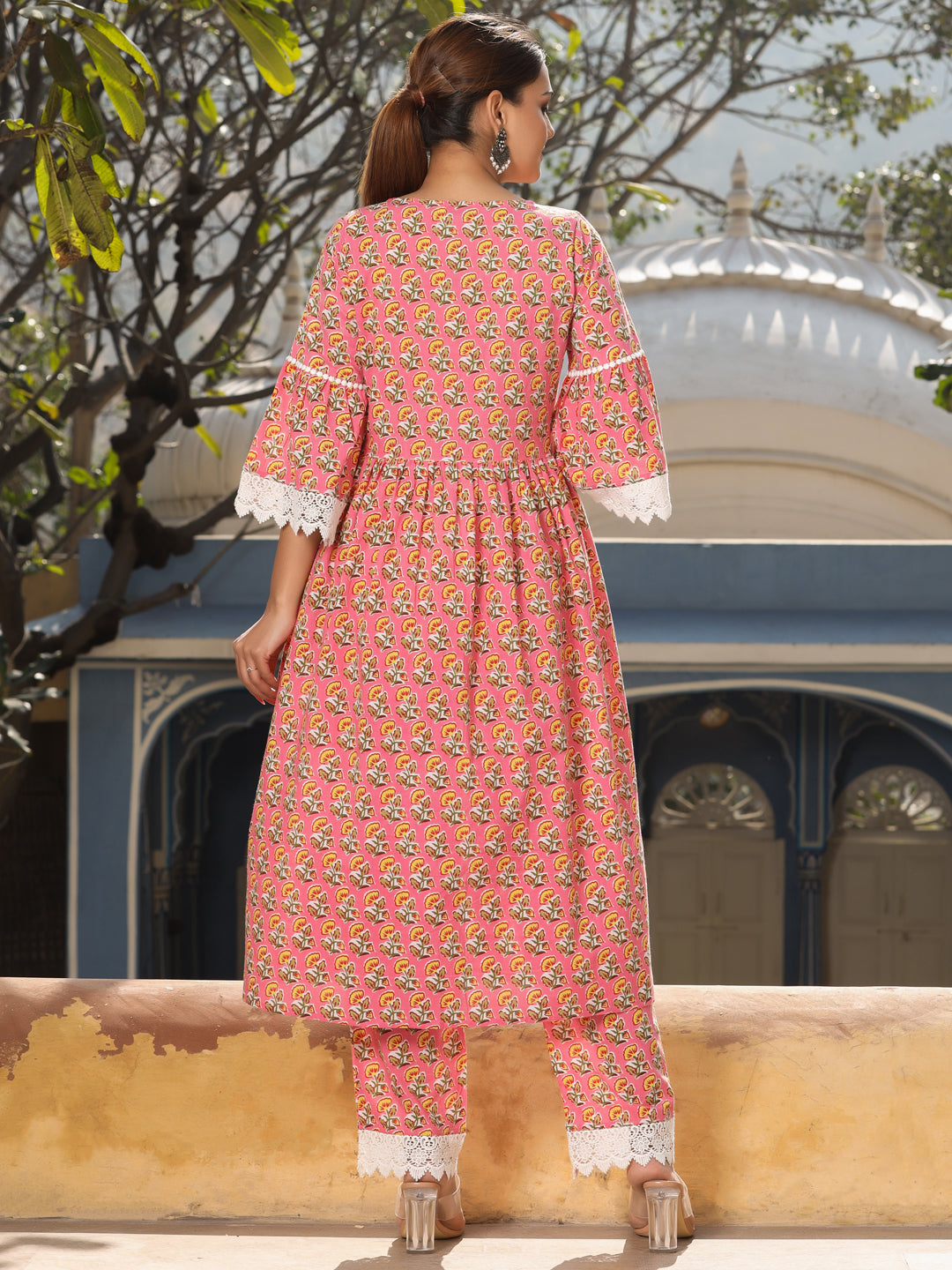 Pink Cotton Printed Kurta With Palazzo