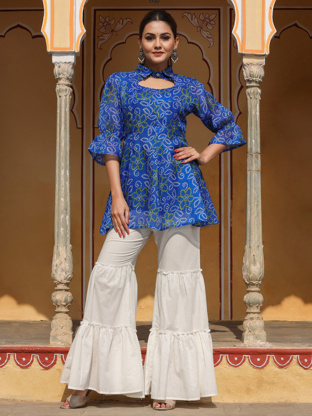 Short Flared Kurta With White Sharara