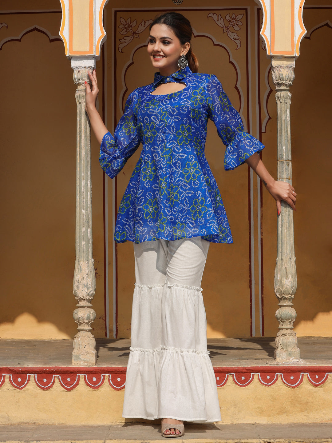 Short Flared Kurta With White Sharara