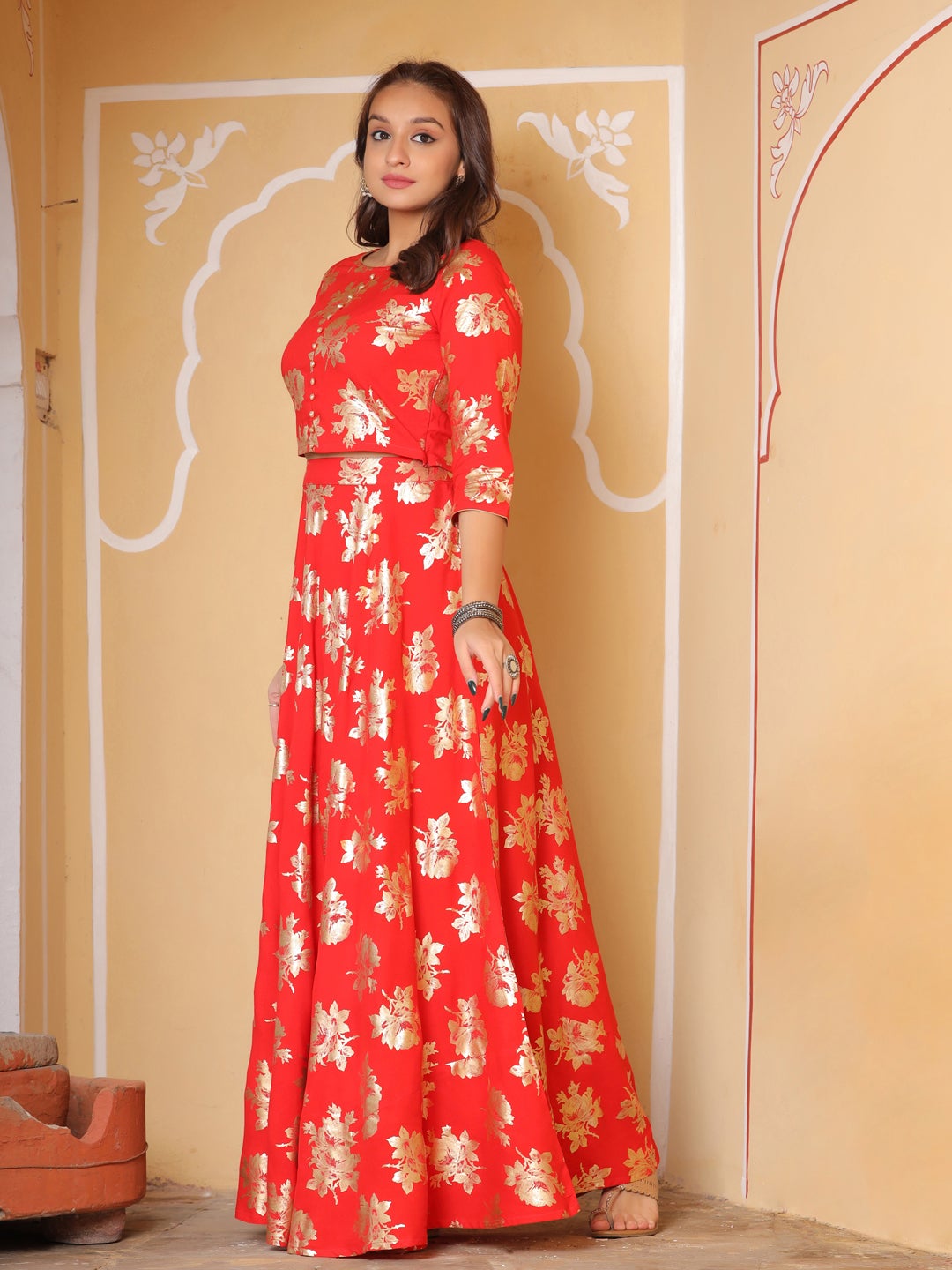 Foil Print Viscose Rayon Crop Top With Skirt