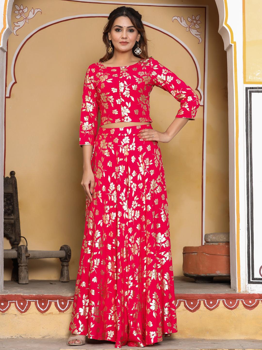 Pink Foil Print Rayon Crop Top With Skirt