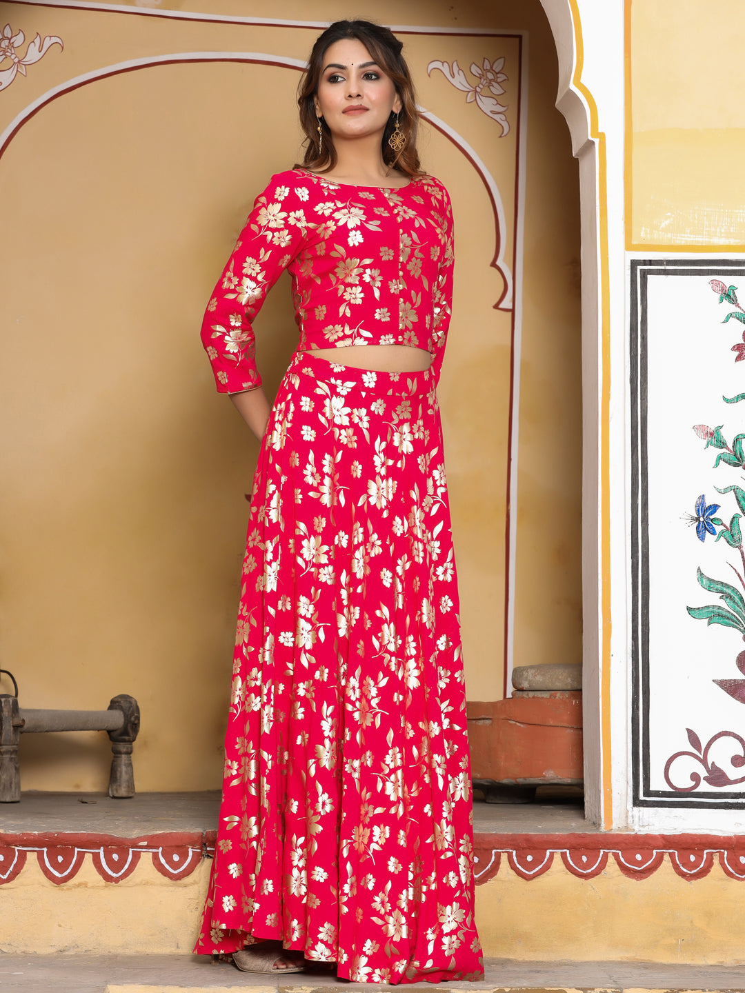 Pink Foil Print Rayon Crop Top With Skirt