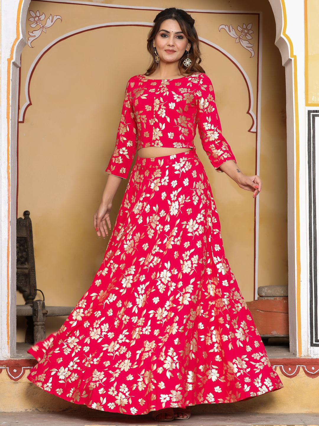 Pink Foil Print Rayon Crop Top With Skirt