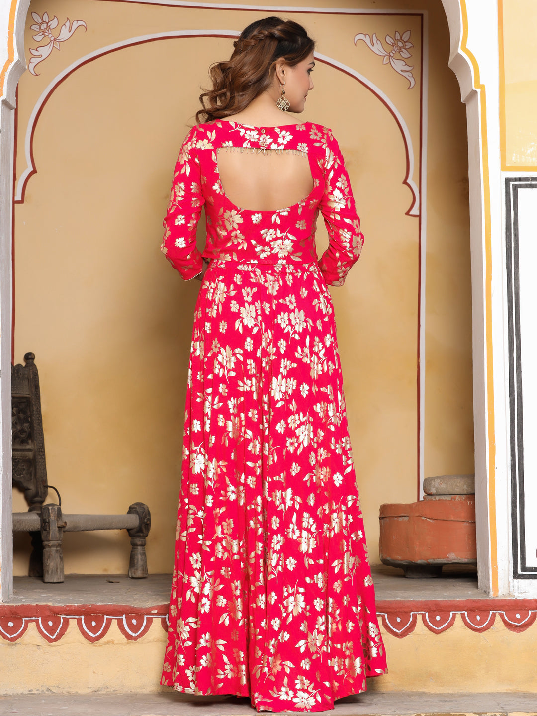 Pink Foil Print Rayon Crop Top With Skirt