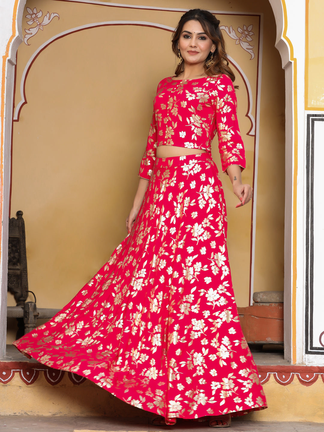 Pink Foil Print Rayon Crop Top With Skirt