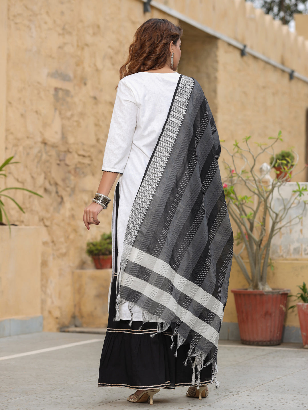 White Solid Embroidered Cotton Kurta With Sharara & Dupatta