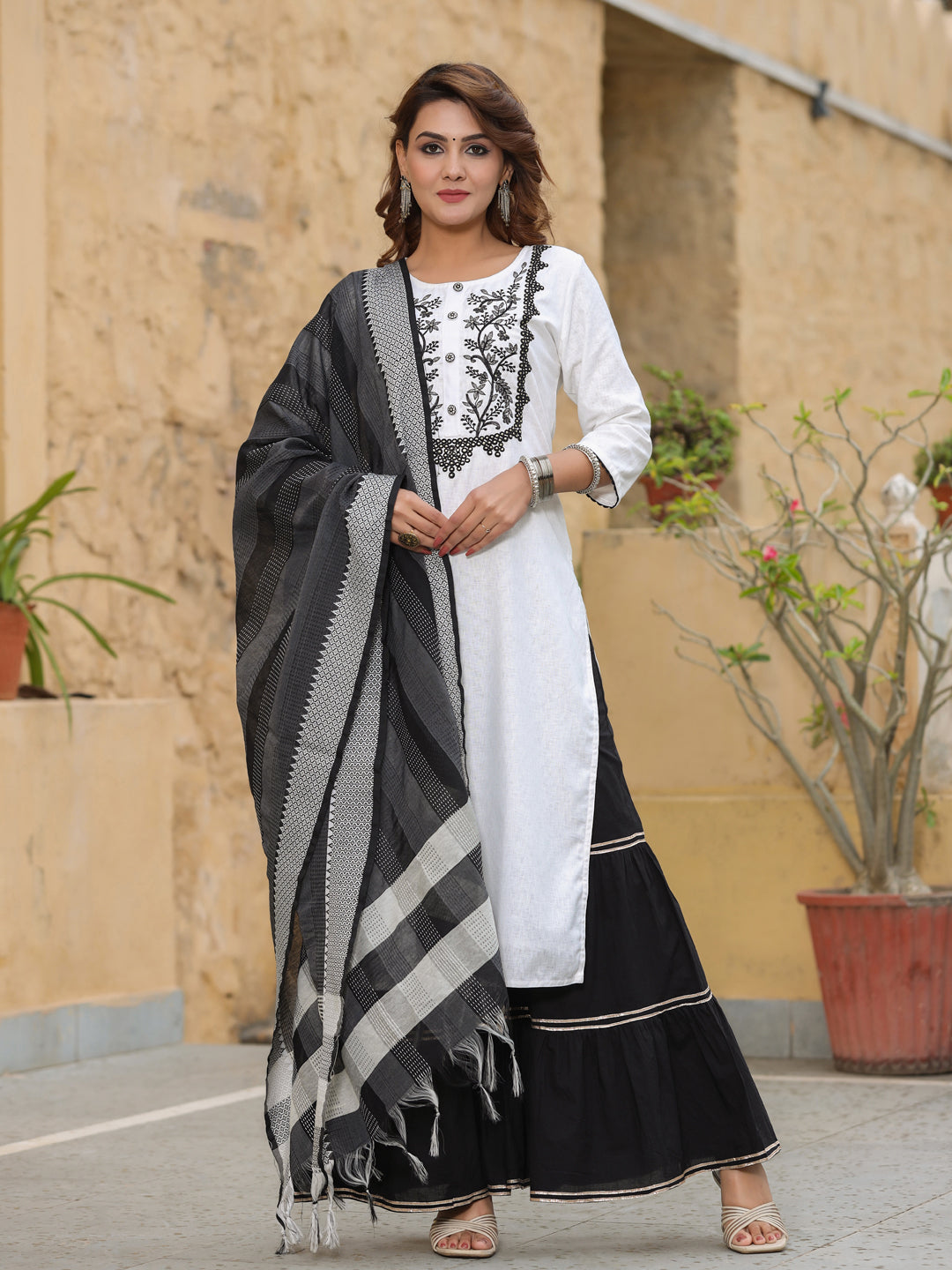 White Solid Embroidered Cotton Kurta With Sharara & Dupatta