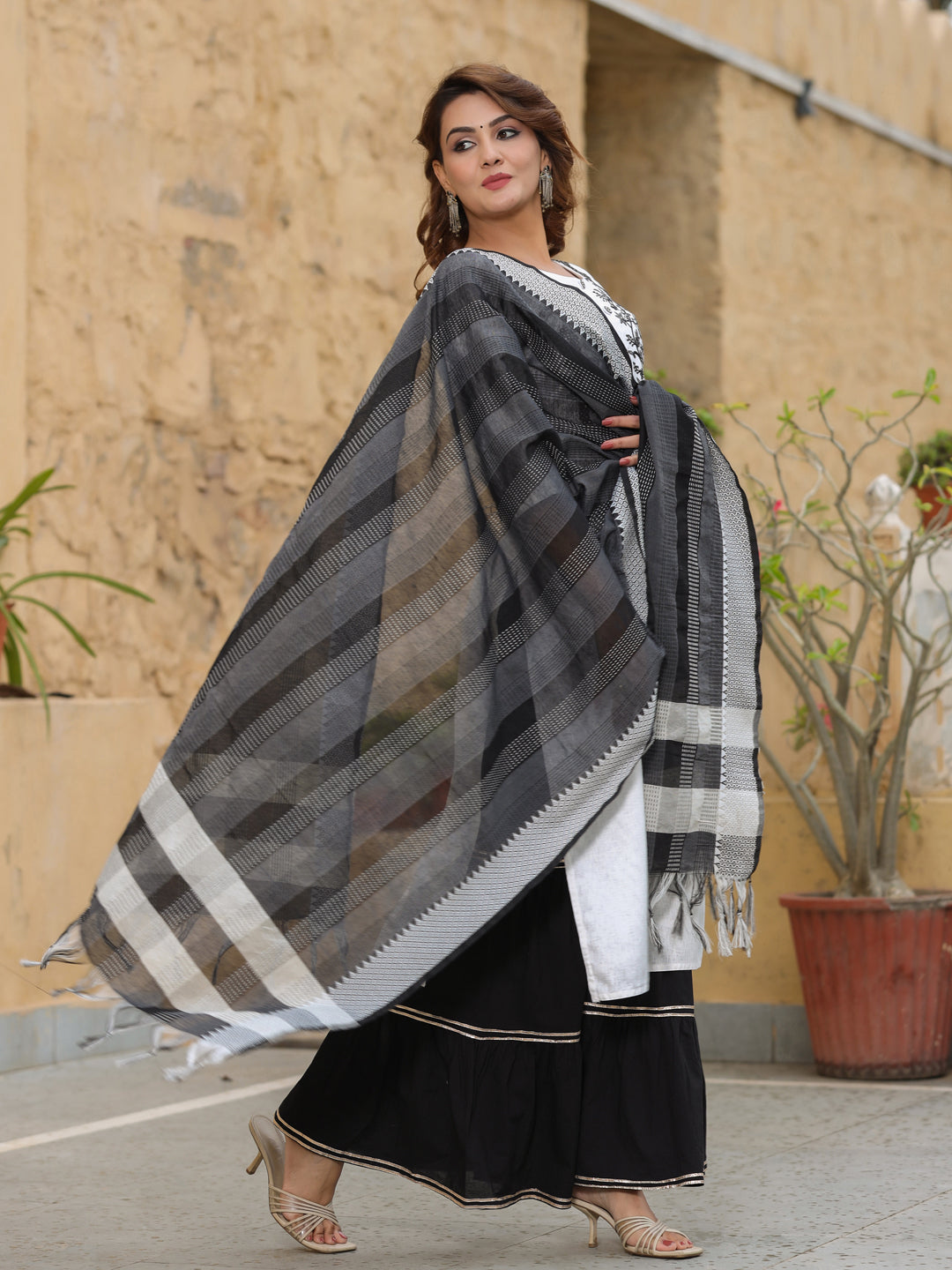 White Solid Embroidered Cotton Kurta With Sharara & Dupatta