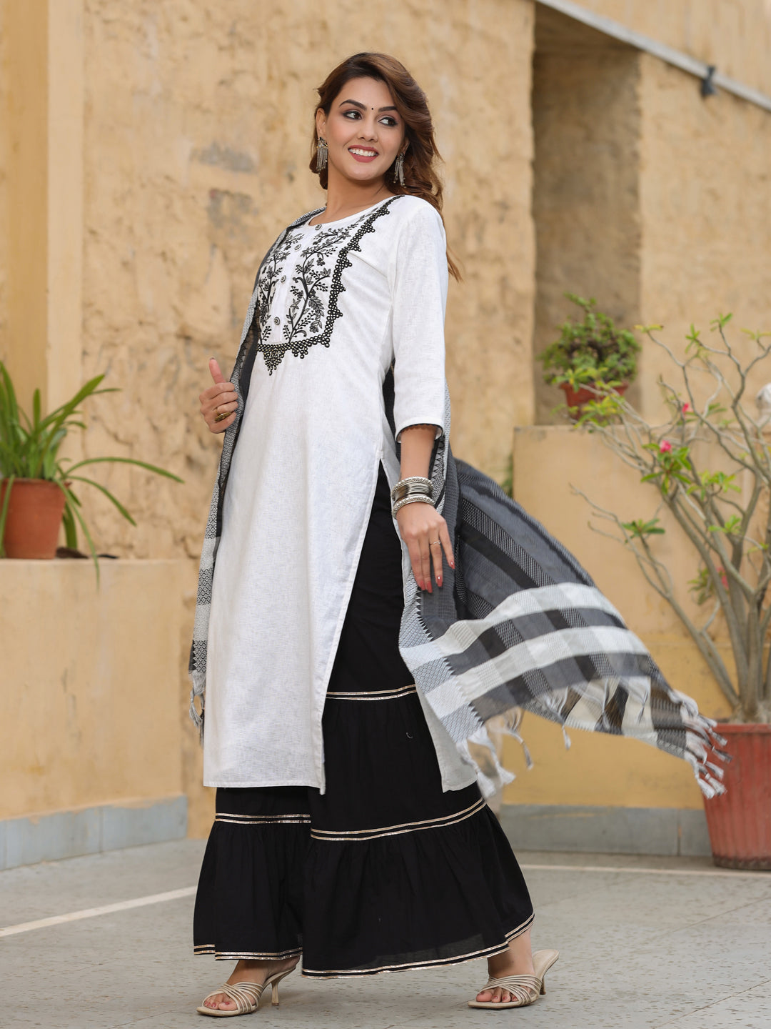 White Solid Embroidered Cotton Kurta With Sharara & Dupatta