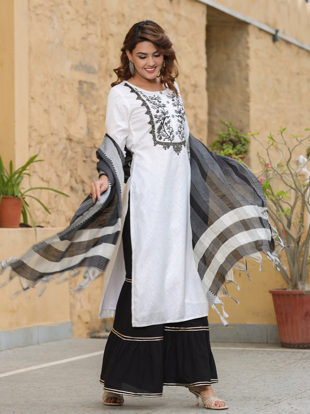 White Solid Embroidered Cotton Kurta With Sharara & Dupatta