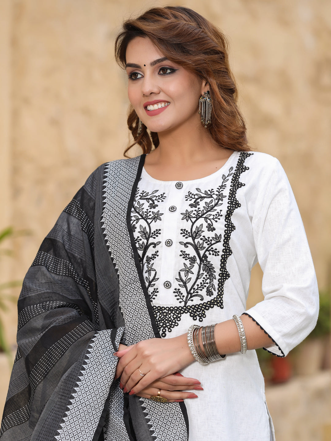 White Solid Embroidered Cotton Kurta With Sharara & Dupatta