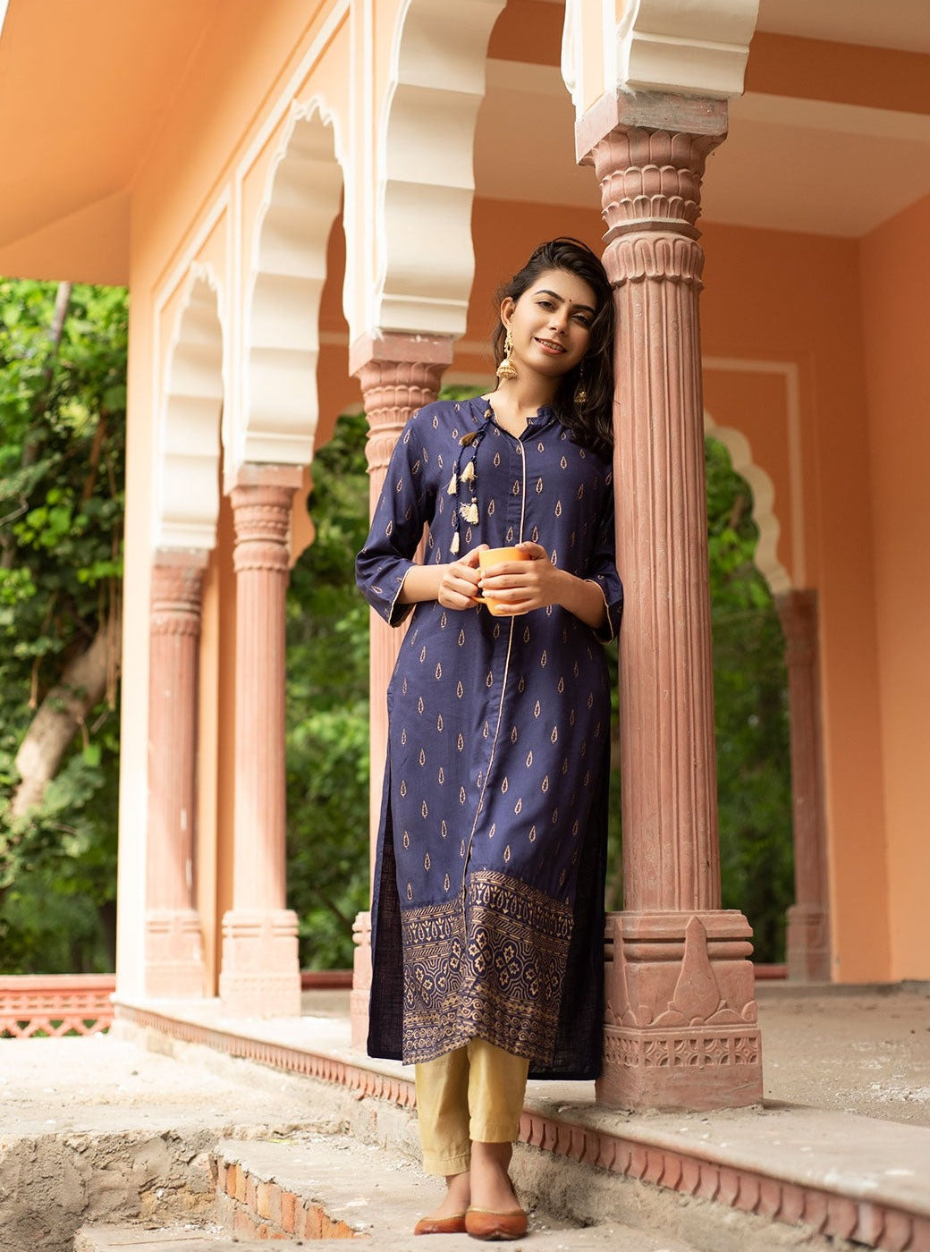 Blue Gold Print Straight Viscose Rayon Kurta