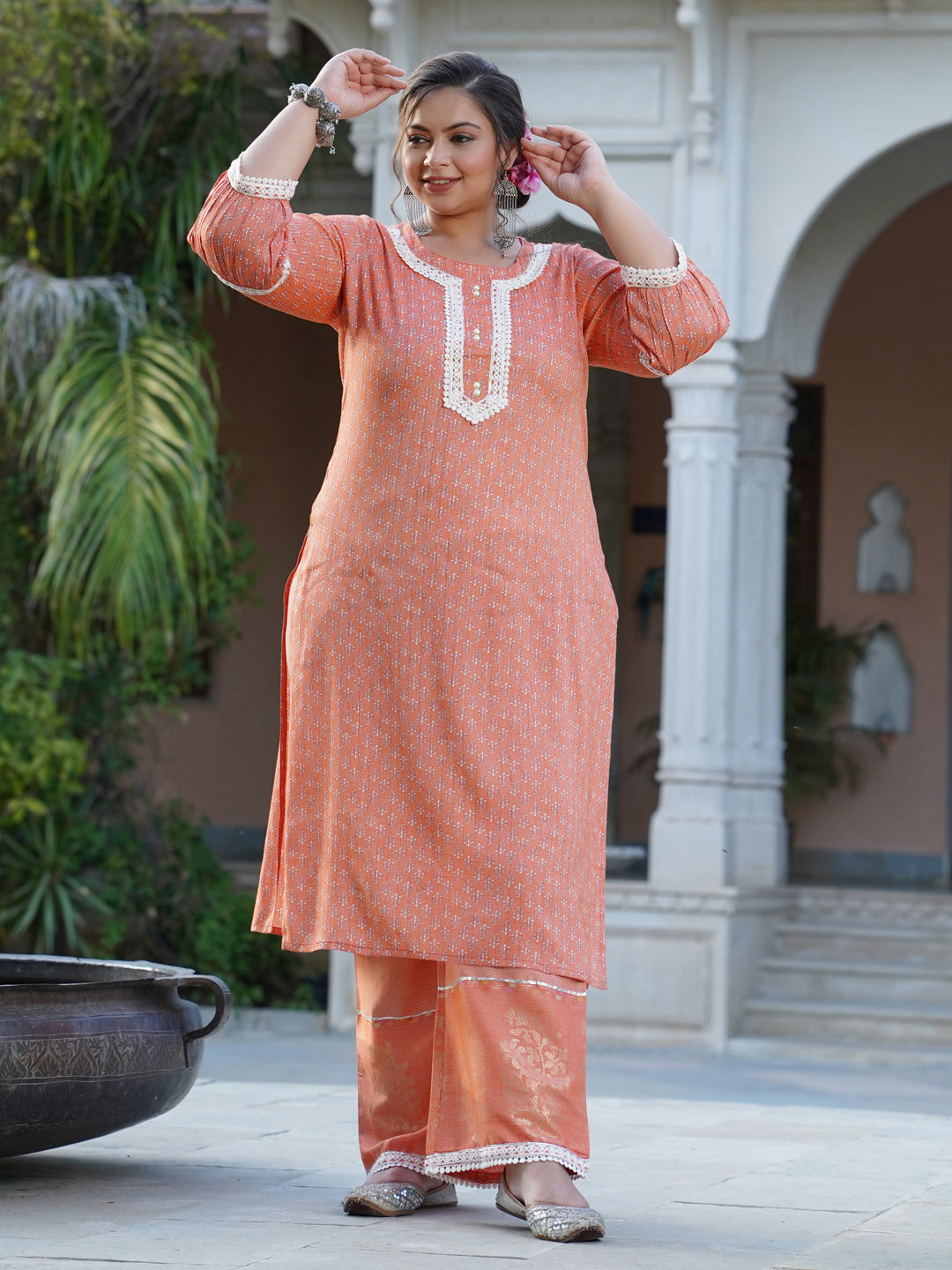 Orange Ethnic Printed Kurta With Palazzo