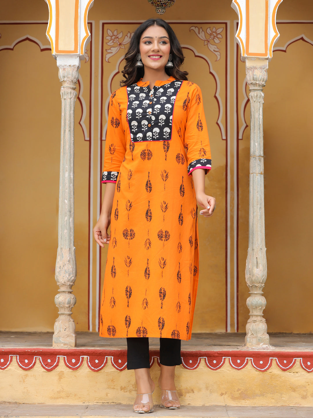 Orange Floral Print Straight Cotton Kurta