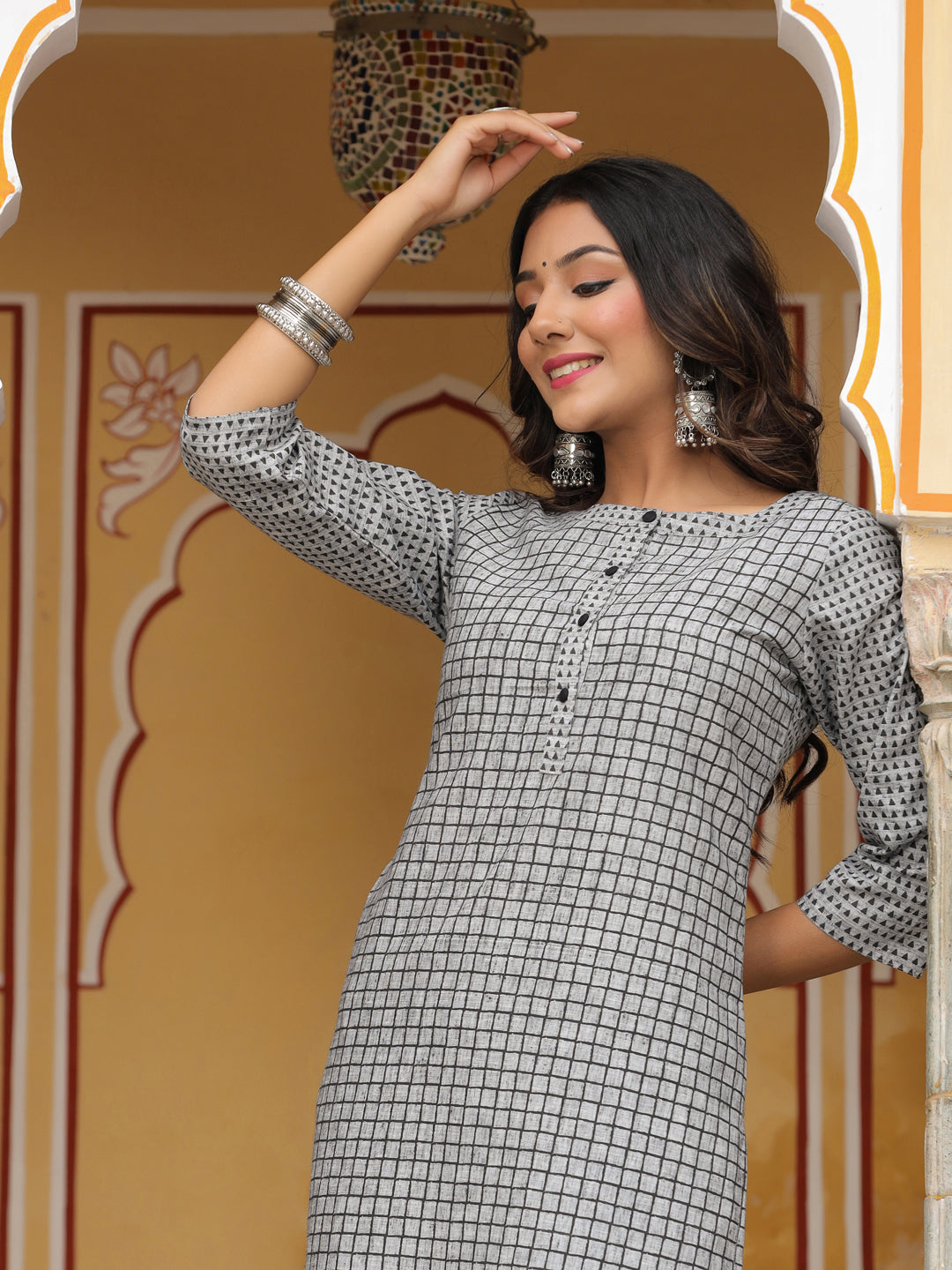 Grey Checked Straight Handloom Kurta