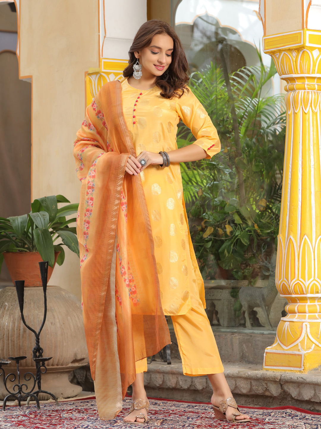 Yellow Ethnic Motifs Print Silk Blend Kurta With Palazzos & Dupatta